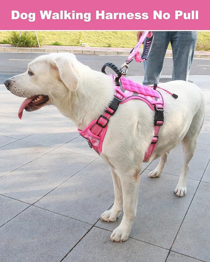 Hotsky Tactical Dog Harness No Pull，Adjustable Service Dog Vest Reflective Military Pet Harness with Control Handle Molle Loop Panels for Training Walking Running(Pink Camo, XL)