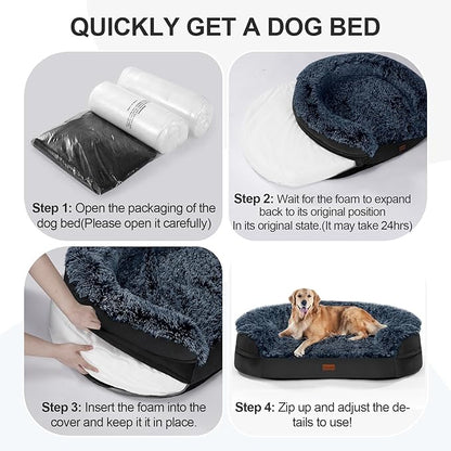 iweepet Black Dog Beds for Large Dog, 41" x 32.6" x 7.7", Removable and Washable Cover, Raised Reboundable Edges, Non Slip Bottom, Warm Plush, Orthopedic Oval Memory Foam Pet Bedding, Indoor