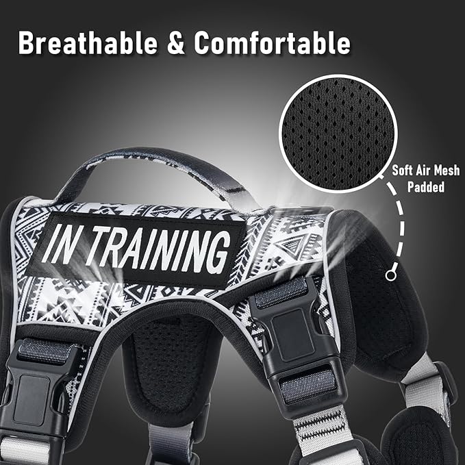 Tactical Dog Harness for Medium Large Dogs, No Pull Pet Harness with 2 Leash Clips, Adjustable Soft Padded Dog Vest, Reflective Pet Oxford Vest with Easy Control Handle, Black Ethnic M