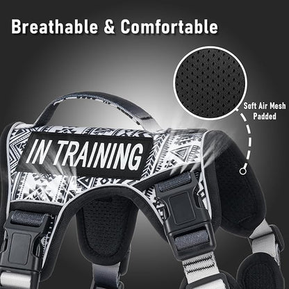 Tactical Dog Harness for Medium Large Dogs, No Pull Pet Harness with 2 Leash Clips, Adjustable Soft Padded Dog Vest, Reflective Pet Oxford Vest with Easy Control Handle, Black Ethnic M