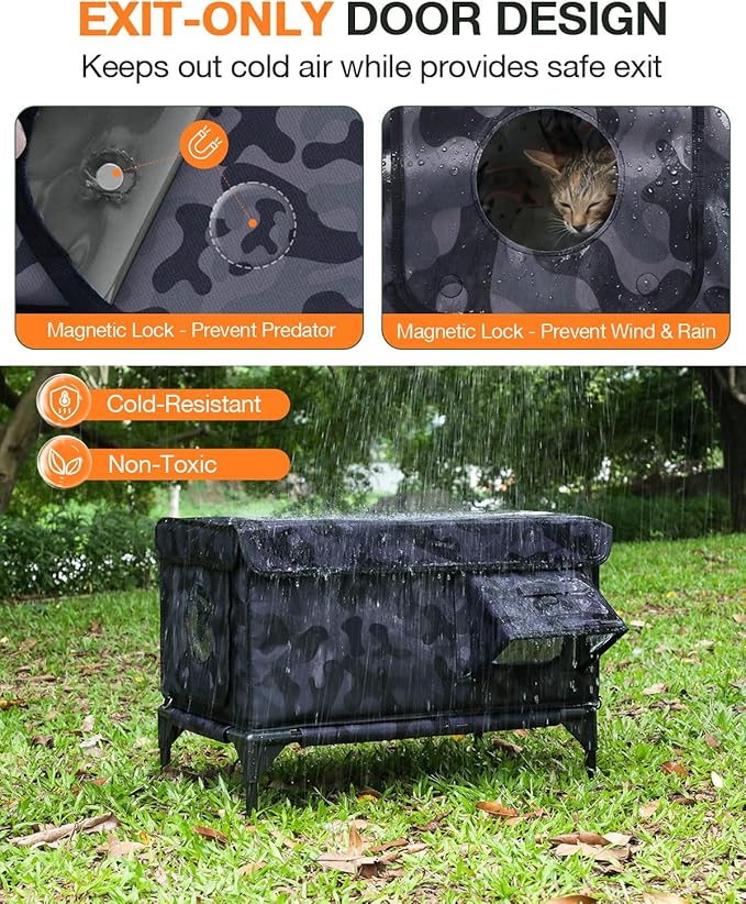 Indestructible Heated Cat House for Outside Winter, 100% Waterproof, Safe Escape Door, Insulated Outdoor Cat Shelter with Heater for Feral Barn Cat Kitty (Black Camouflage, 27"x17"x18")