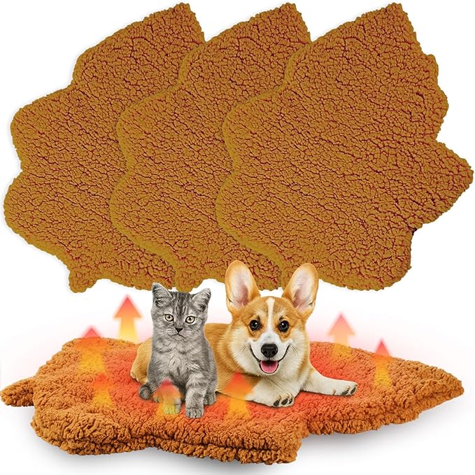 BrightRow 3 Pack Self Warming Pet Bed Leaf Shape Self Heating Cat Dog Mat Washable Thermal Sleeping Pad for Indoor Outdoor Hedgehog, Bunny, Sugar Glider, Rat, Chinchilla(Orange,Large-19 x29)