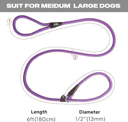 TwoEar 6FT Slip Lead Dog Leash, Heavy Duty Slip Leash for Dogs with Highly Reflective, Strong Rope Slip Leads No Pull Pet Training Leashes for Large Medium Dogs (1/2", Purple)