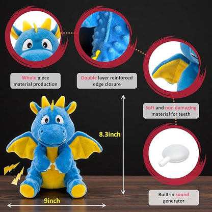 LydaPKS Squeaky Plush Dragon Dog Chew Toy - 8.3‘’X9‘’ Dog Toy for Small/Medium Dogs to Keep Pups Busy，Chewer Dog Toy with Crinkle Paper（Blue）