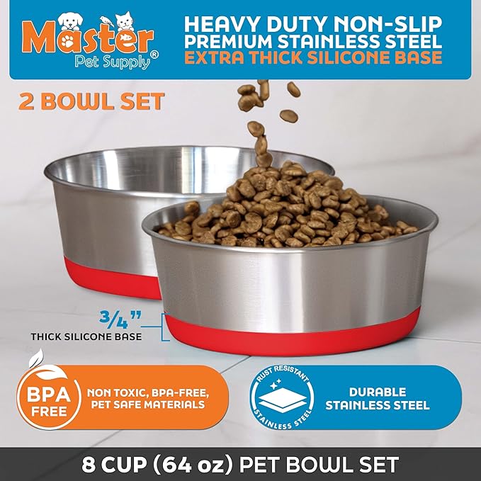 Master Pet Supply Stainless Steel Dog Bowls Set of 2 with Extra Thick Silicone Base - 8 Cup (64 oz) Crimson Red, Non-Slip, Dishwasher Safe Metal Bowls, Pet Dog Food Bowl for Dogs, Cats, Anti Rust