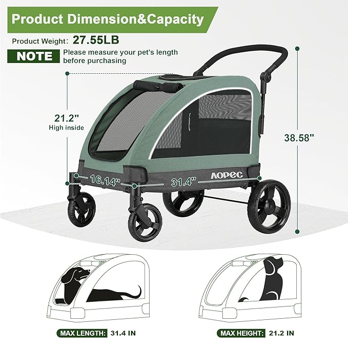 AOPEC Large Dog Stroller - Dual Entry Safety Folding Pet Stroller with Adjustable Handle, All-Terrain 4-Wheel, 160 lbs Weight Capacity for Travel & Outdoor Adventures - Green