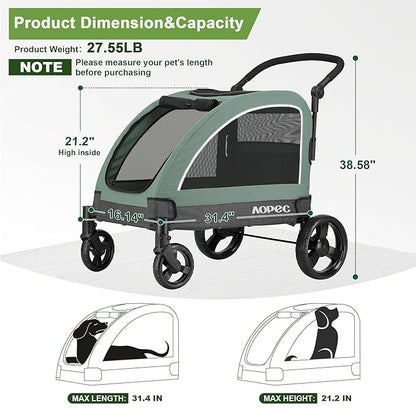 AOPEC Large Dog Stroller - Dual Entry Safety Folding Pet Stroller with Adjustable Handle, All-Terrain 4-Wheel, 160 lbs Weight Capacity for Travel & Outdoor Adventures - Green