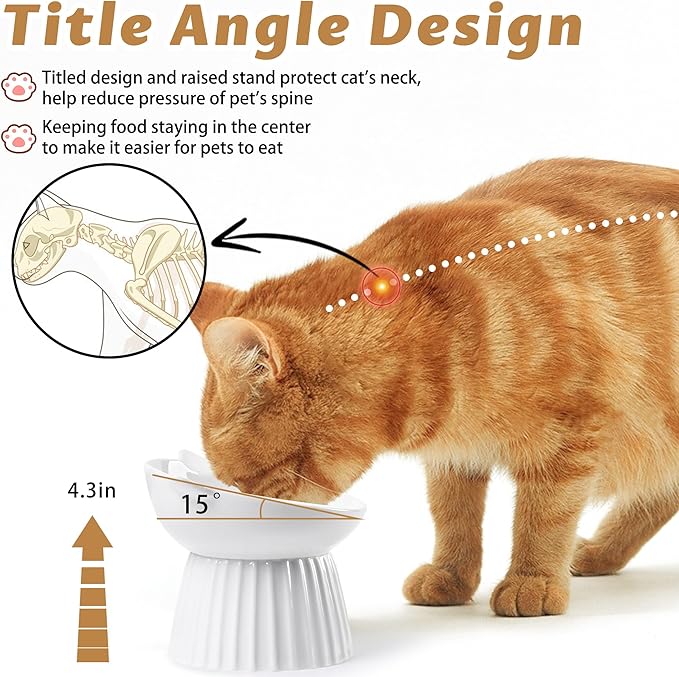 Wellbro Ceramic Raised Cat Bowl，Tilted Raised Cat Bowl Anti Vomit Cat Bowls for Indoor Cats Whisker Friendly Pet Feeder for Cats Puppies, Microwave and Dishwasher Safe