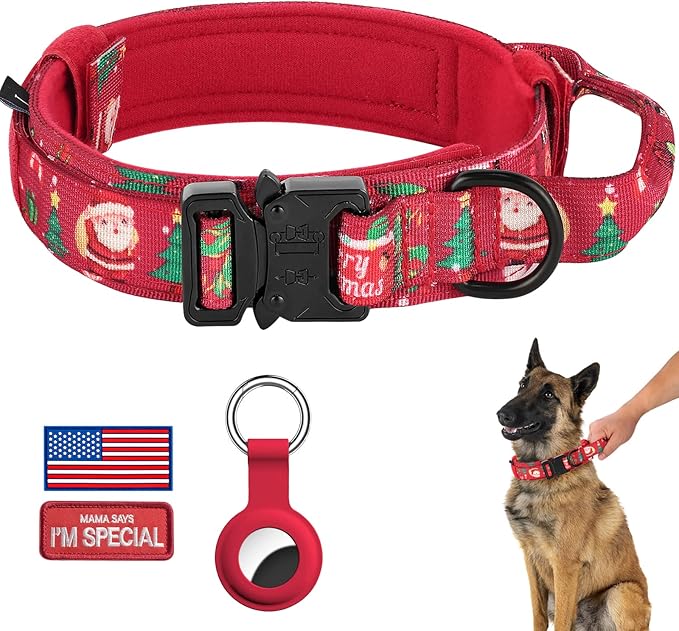DAGANXI Christmas Tactical Dog Collar, Adjustable Military Training Nylon Dog Collar with Control Handle and Metal Buckle for Medium and Large Dogs, with Patches and Airtags Case (M, Christmas red)