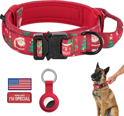 DAGANXI Christmas Tactical Dog Collar, Adjustable Military Training Nylon Dog Collar with Control Handle and Metal Buckle for Medium and Large Dogs, with Patches and Airtags Case (L, Christmas red)