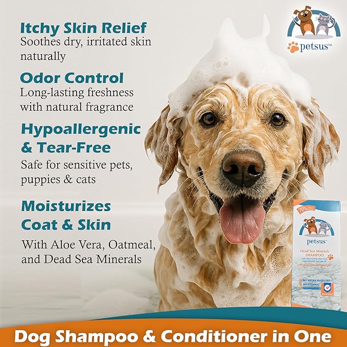 Petsus Oatmeal Dog & Cat Shampoo and Conditioner – Hypoallergenic Wash for Sensitive & Itchy Skin – Natural Detangler and Deshedding Formula with Aloe Vera & Tea Tree Oil – 15 fl oz