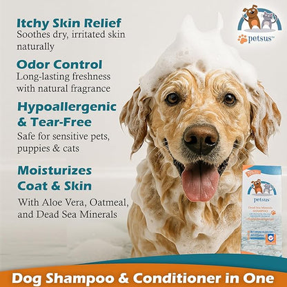 Petsus Oatmeal Dog & Cat Shampoo and Conditioner – Hypoallergenic Wash for Sensitive & Itchy Skin – Natural Detangler and Deshedding Formula with Aloe Vera & Tea Tree Oil – 15 fl oz