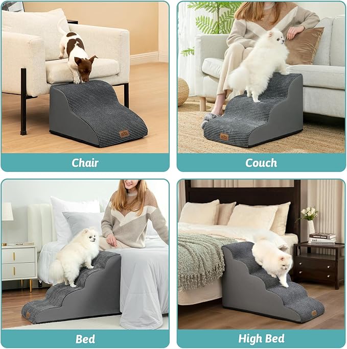 Dog Stairs for Small Dogs 19.7" H, Curved Dog Step for Puppy, Older or Cat, Medium Pet Ramp for Sofa, Couch or Bed, Ladder with High Density Foam, 4 Step, 15.7x28.3x19.7 inch, Charcoal Grey