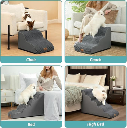 Dog Stairs for Small Dogs 19.7" H, Curved Dog Step for Puppy, Older or Cat, Medium Pet Ramp for Sofa, Couch or Bed, Ladder with High Density Foam, 4 Step, 15.7x28.3x19.7 inch, Charcoal Grey