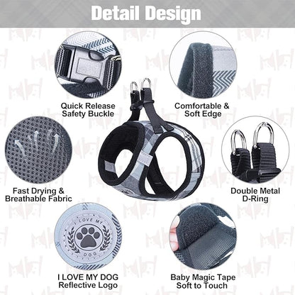 BEAUTYZOO Small Dog Harness and Leash Set,Step in No Choke No Pull Soft Mesh Dog Harnesses Reflective for Extra-Small Medium Puppy Dogs and Cats, Plaid Dog Vest Harness for XS S Pets, Grey S
