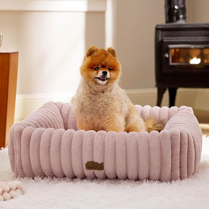 Bedsure ComfyFleece Cute Dog Bed for Small Medium Dogs - Washable Furry Puppy Beds, Rectangle Orthopedic Corduroy Fleece Pet Beds with Removable Zipper Cover, 25x21x7inches, Blush Pink