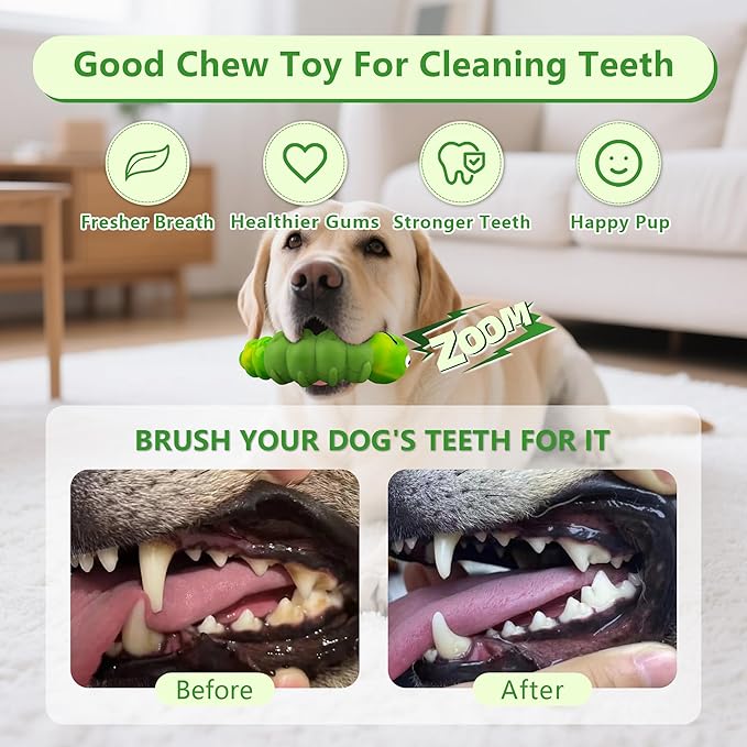 Indestructible Dog Toys for Aggressive Chewers, Tough Chew Proof Toy for Large Dogs, Squeaky Rubber Chew Toy with Beef Flavor for Boredom & Anxiety Relief (Green)