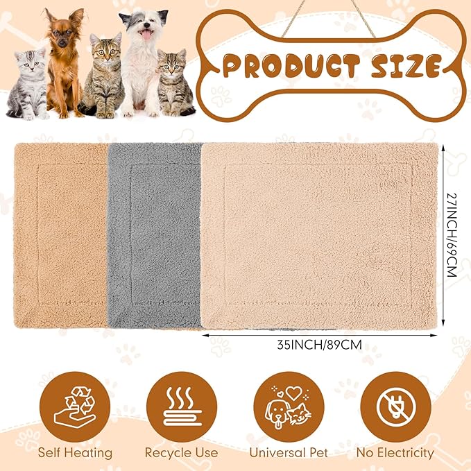 Novabright 3 Pack Self Warming Dog Bed for Large Dog 27x35 Inch Mat Self Heating Cat Reflects Body Heat Extra Warm Thermal Pet Pad Washable Cat Bed for Outdoor Indoor Kittens Puppy(Black/Gray/Khaki)
