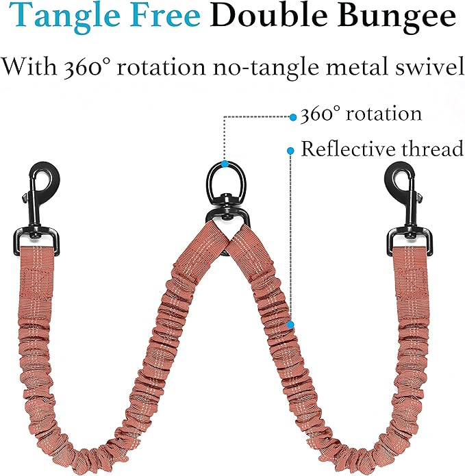 iYoShop Dual Dog Leash - 360° Swivel, No Tangle Walking Leash with Shock Absorbing Bungee for Two Dogs (Large, 25-150 lbs, Brown)