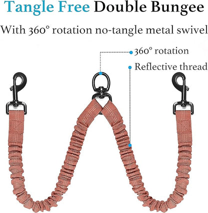 iYoShop Dual Dog Leash - 360° Swivel, No Tangle Walking Leash with Shock Absorbing Bungee for Two Dogs (Large, 25-150 lbs, Brown)