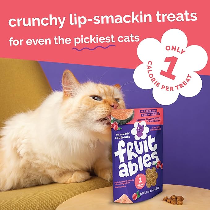 Fruitables Cat Treats Crunchy Cat Treats, Healthy Low Calorie Kitten Snacks, Made Without Wheat, Corn and Soy, Kitten Essentials, Made with Real Salmon and Cranberry, 30 Ounces