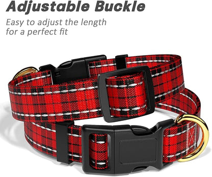 Reflective Dog Collar for Medium Dogs, Cute Boho Adjustable Heavy-Duty Nylon Puppy Collar for Boy and Girl Female, Soft Pet Accessories with Quick Release Buckle, Black Red Tartan