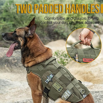 OneTigris No Pull Tactical Dog Harness for Large Dogs, Aire Mesh Harness Breathable Military Dog Molle Vests with Handles, Service Dog Vest Harness for Walking Hiking Training Green