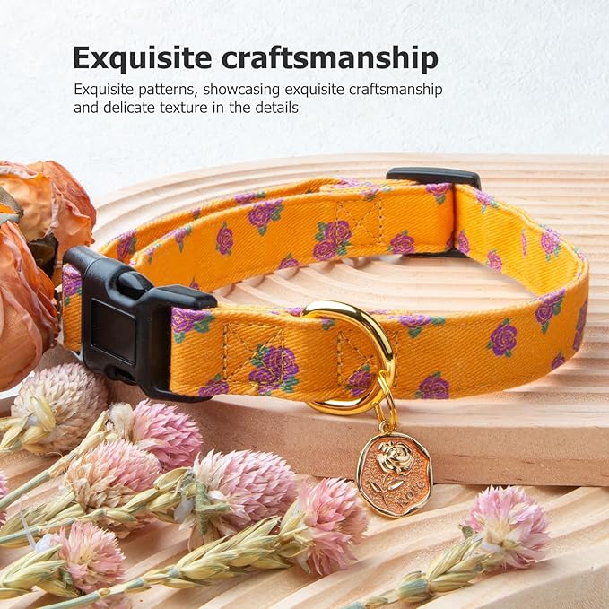 Cotton Handmade Dog Collar Cute and Distinctive Patterns Yellow Rose with Pendant for Girl Boy Dogs Collars M