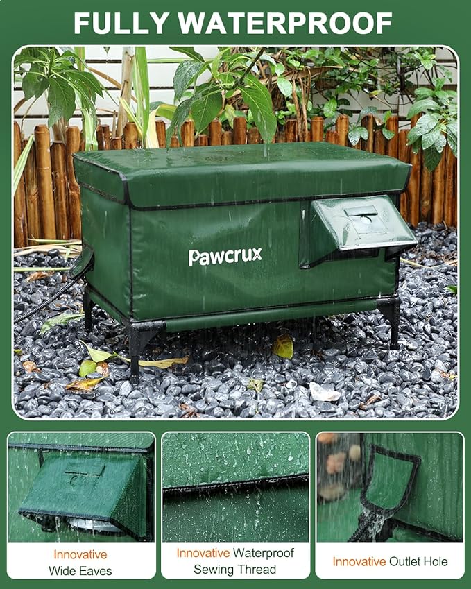 Heated Cat House for Outdoor Cats, Waterproof Insulated Outdoor Cat House with Heating Pad, Weatherproof Elevated Heated Cats House for Outside Feral Cats (Green, 29" L x 17" W x 20" H)