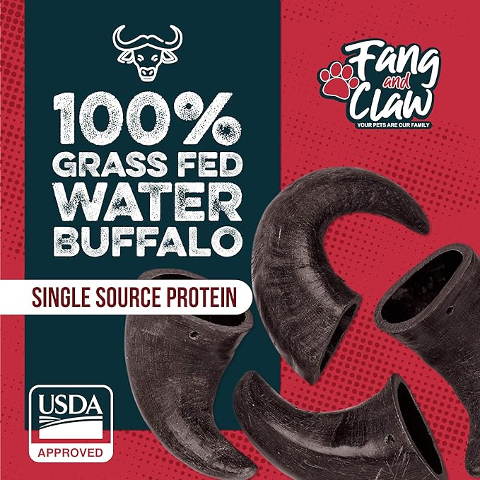 Fang and Claw Water Buffalo Horn Dog Chew 4 Pack (Medium 6 Inch), Long-Lasting Natural Chews for Aggressive Chewers, Single-Ingredient, No Rawhide