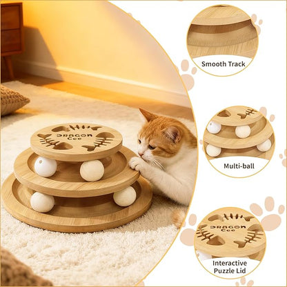 DRAGONCEE Cat Ball Track Toy, Interactive Toys for Indoor Cats, Wooden Tower of Tracks Cat Toy– 3-Level Track Tower with 6 Balls