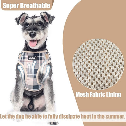 PUPTECK Small Dog Harness and Leash Set, No Pull Adjustable Puppy Cat Harness, Reflective Soft Mesh Pet Vest Small Sized, Beige Plaid, XS