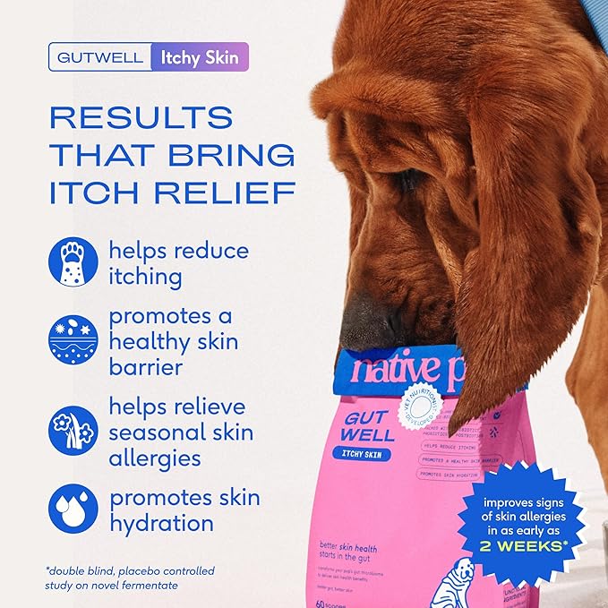 GutWell Itchy Skin - Dog Itching Skin Relief & Seasonal Allergy Itch Relief for Dogs - Promotes Skin Hydration, Elasticity & Healthy Barrier with Triple-biotic Blend, Zinc, & Vitamin E - 120 Scoops