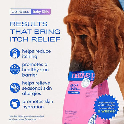 GutWell Itchy Skin - Dog Itching Skin Relief & Seasonal Allergy Itch Relief for Dogs - Promotes Skin Hydration, Elasticity & Healthy Barrier with Triple-biotic Blend, Zinc, & Vitamin E - 120 Scoops