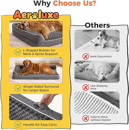 Dog Bed Large Sized Dogs, XL Orthopedic Dog Bed for Large Dogs, Waterproof Pet Bed with Washable Removable Cover, L-Shaped Pet Couch with Portable Handle 42"x30"x7.5", Dark Grey