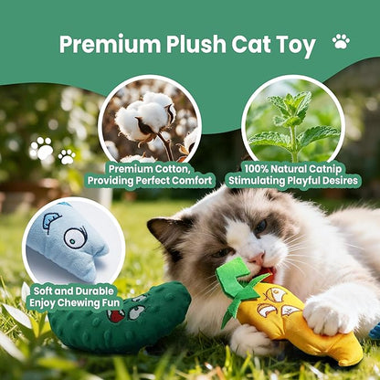 PURETOY Catnip Toys Set of 3 – Fish, Chili Pepper and Cucumber Plush Cat Toys for Indoor Cats, Natural Catnip Filled Interactive Chew and Teething Toys for Kittens