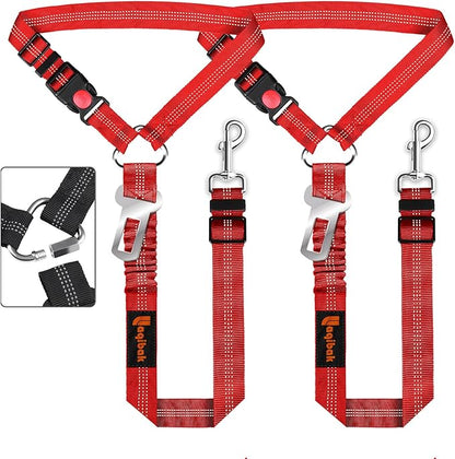 Removable Dog Seat Belt Harness for Car, 3 in 1 Pet Dog Car Seatbelt Leash, Retractable Restraint Secures to Vehicle Headrest & Adjustable Reflective Bungee Dog Seatbelt Tether, Red