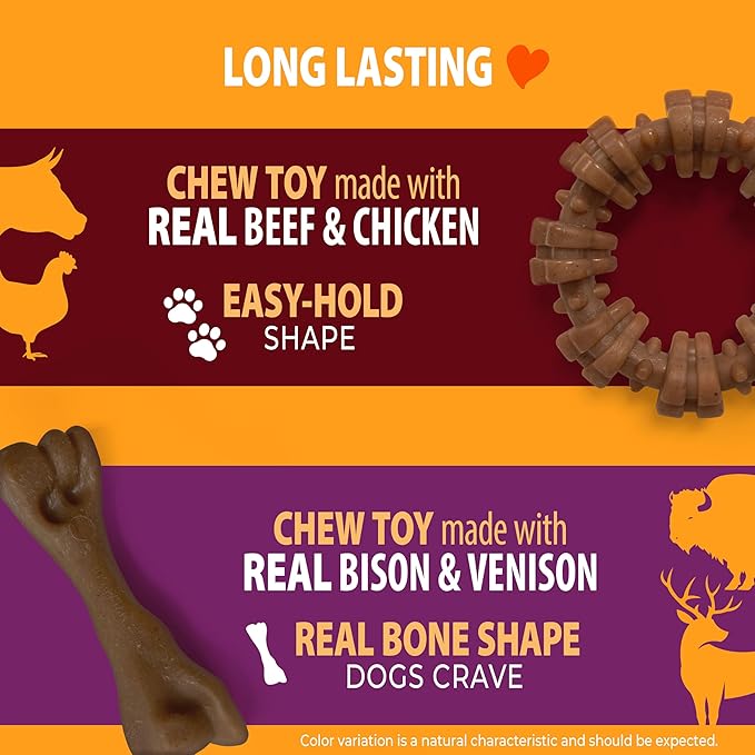 Nylabone Strong Chew Toy 4-Pack Bundle for Dogs Made with Real Bacon, Bison, Venison, Beef, & Chicken, Durable Dog Chew Bones for Aggressive Chewers, Small Dog Toys - Up to 25 lbs, 4 Count