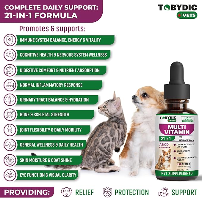 TOBYDIC Cat & Dog Multivitamin 21 in 1 Pet Supplements with Cranberry & Glucosamine - Natural Medicine & Support for UTI, Urinary Tract, Bladder, Kidney, Skin Coat, Joints Treatment Made in USA
