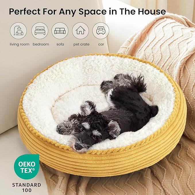 Love's cabin Round Donut Cat and Dog Cushion Bed, 25in Pet Bed for Small or Medium Dogs, Anti-Slip & Water-Resistant Bottom, Soft Durable Fabric Pet Beds, Washable Calming Cat Bed Yellow Stripe