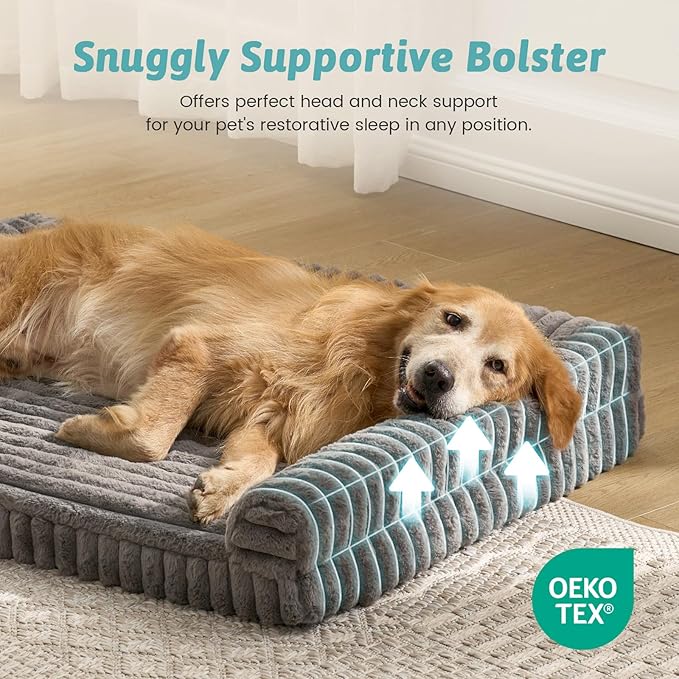 COZY KISS Cute Dog Bed for Large Dogs, Faux Rabbit Fur Orthopedic Foam Dog Bed with Sides, Removable Washable Cover & Waterproof Lining, Comfortable Pet Couch, Grey (44" L x 32" W x 7" Th)