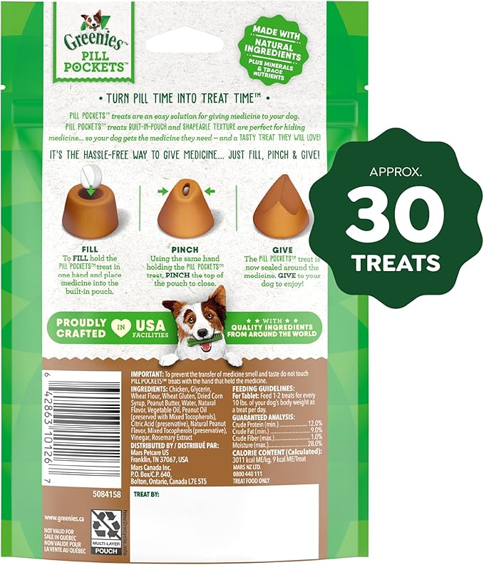 Greenies Pill Pockets, Small Size Dog Treats, Peanut Butter Flavor, 3.2 oz. Pouch