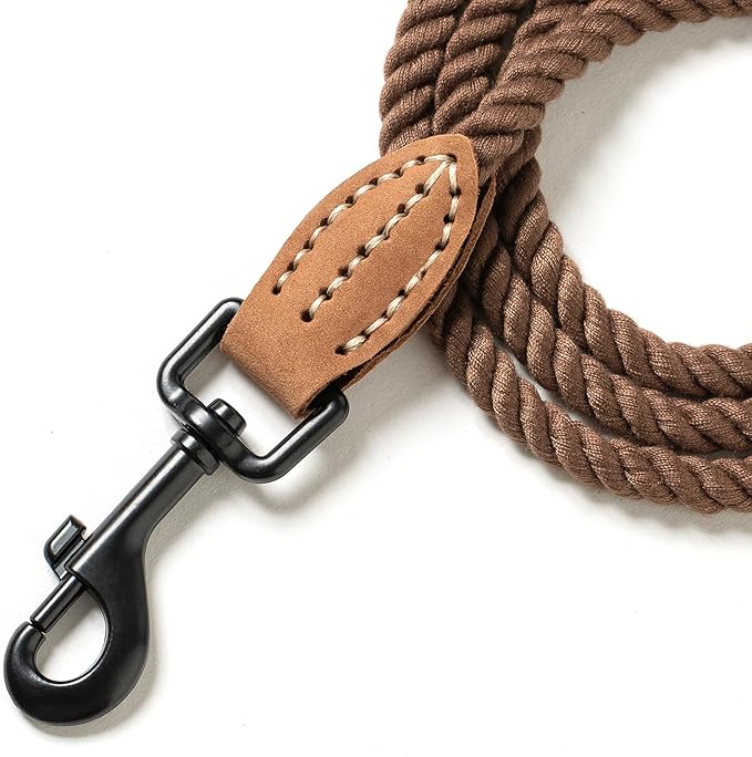 Mile High Life Dog Leash, Braided Cotton Rope Leashes with Leather Tip - Heavy Duty Metal Clasp, 6FT, 1/3" Thick - Wedding, Walking Leash for Small Medium Puppys(Dark Brown)