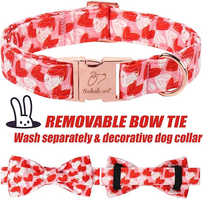 Valentines Dog Collar with Bow Tie - Cute Valentine Doodle Hearts Pink Girl Bowtie Dog Collar, Adjustable Metal Buckle Dog Collars for Small Medium Large Dogs L