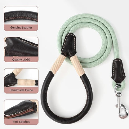 Mile High Life Genuine Leather Wrapped Handle Dog Leash, w Heavy Duty Clasp Rope Leash for Small Medium Large Dogs (Green, 4FT)