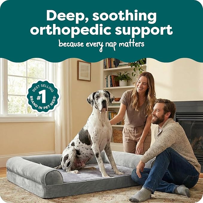 Furhaven Orthopedic Dog Bed for Large Dogs w/ Removable Bolsters & Washable Cover, For Dogs Up to 125 lbs - Faux Fur & Velvet Sofa - Smoke Gray, Jumbo Plus/XXL