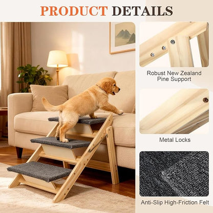 Dog Stairs/Steps, 2-in-1 Foldable Wooden Pet Stairs, Wood Frames and Non-Slip Carpet Suitable for High Beds, Car, Couch, Durable Wooden Dog Stairs for Small Medium and Large Dogs,3 Steps