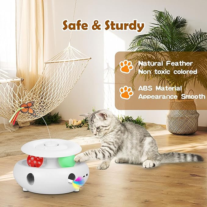 Scsuupoee Cat Toys,3-in-1 Interactive Cat Toys for Indoor Cats,Rechargeable Automatic Interactive Cat Toy with Fluttering Butterfly,Smart Sensor 6 Holes Mice Whack-A-Mole and Track Balls, White