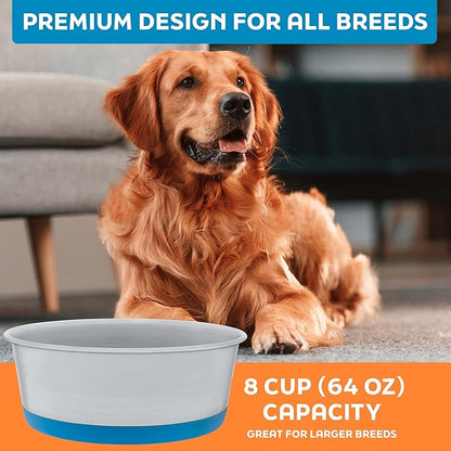 Master Pet Supply Stainless Steel Dog Bowls Set of 2 with Extra Thick Silicone Base - 8 Cup (64 oz) True Blue, Non-Slip, Dishwasher Safe Metal Bowls, Pet Dog Food Bowl for Dogs, Cats, Anti Rust