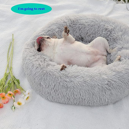 Calming Dog Bed for Medium Dogs Washable Donut 30 inches Anti-Slip Pet Bed,Round Fluffy Plush Faux Fur Cat Bed,Fits up to 45 lbs Pets,Frost Grey